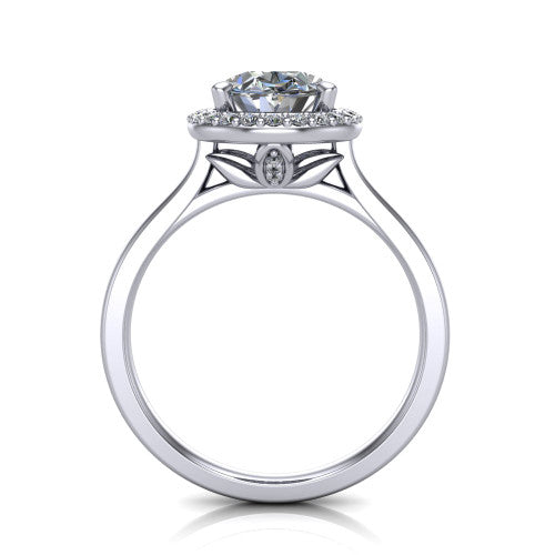 Andrea oval halo engagement ring in 18K White Gold, through-finger front profile showing the decorative gallery and halo from the front