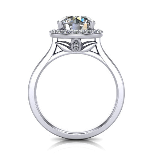 Andrea round halo engagement ring in 14K White Gold, through-finger front profile showing the decorative gallery and halo from the front