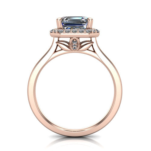 Andrea square emerald-cut halo engagement ring in 14K Rose Gold, through-finger front profile showing the decorative gallery and halo from the front