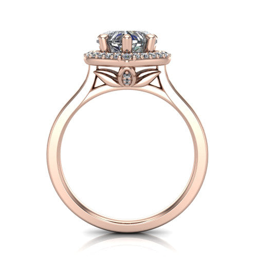 Andrea heart halo engagement ring in 14K Rose Gold, through-finger front profile showing the decorative gallery and halo from the front