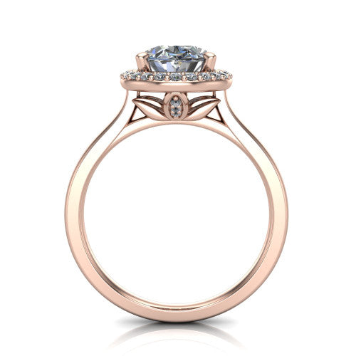 Dream oval halo engagement ring in 14K Rose Gold, through-finger front profile showing the leaf-inspired gallery and halo