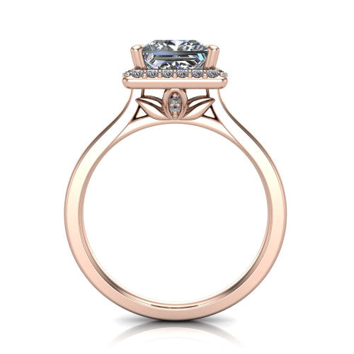 Dream princess halo engagement ring in 18K Rose Gold, through-finger front profile showing the leaf-inspired gallery and halo