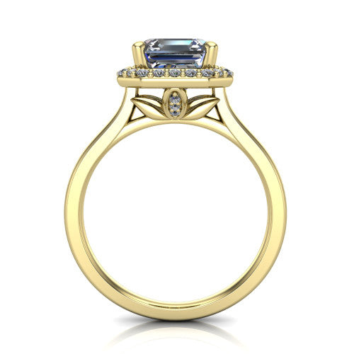 Dream square emerald halo engagement ring in 14K Yellow Gold, through-finger front profile showing the leaf-inspired gallery and halo