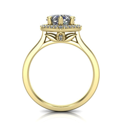 Andrea heart halo engagement ring in 18K Yellow Gold, through-finger front profile showing the decorative gallery and halo from the front
