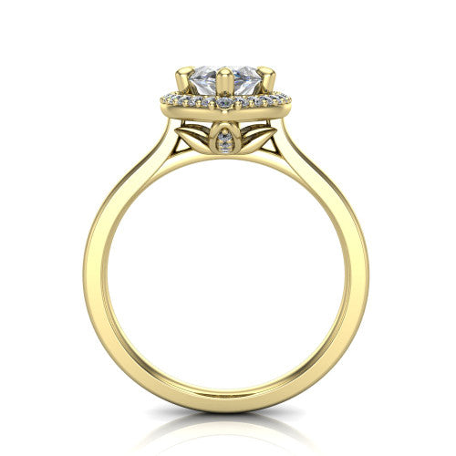 Dream marquise halo engagement ring in 14K Yellow Gold, through-finger front profile showing the leaf-inspired gallery and halo