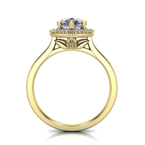 Andrea pear halo engagement ring in 14K Yellow Gold, through-finger front profile showing the decorative gallery and halo from the front