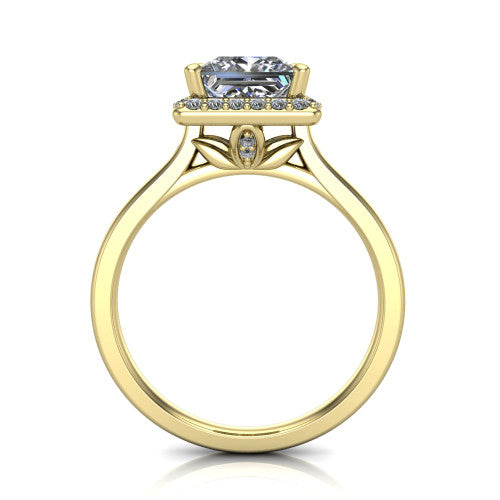 Andrea princess-cut halo engagement ring in 14K Yellow Gold, through-finger front profile showing the decorative gallery and halo from the front