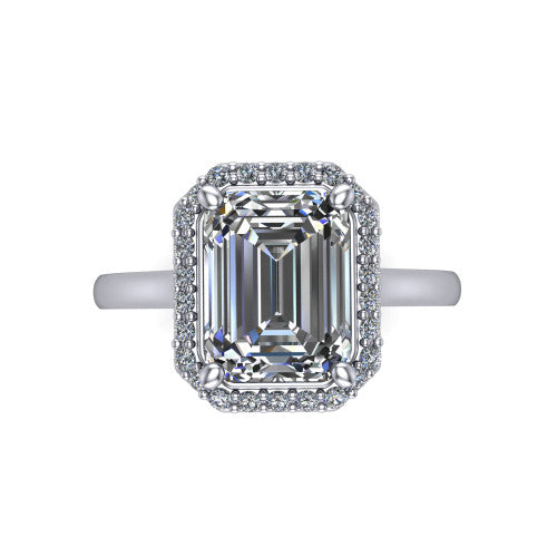 Dream emerald halo engagement ring in 14K White Gold, top-down view showing the emerald center diamond framed by a pave halo