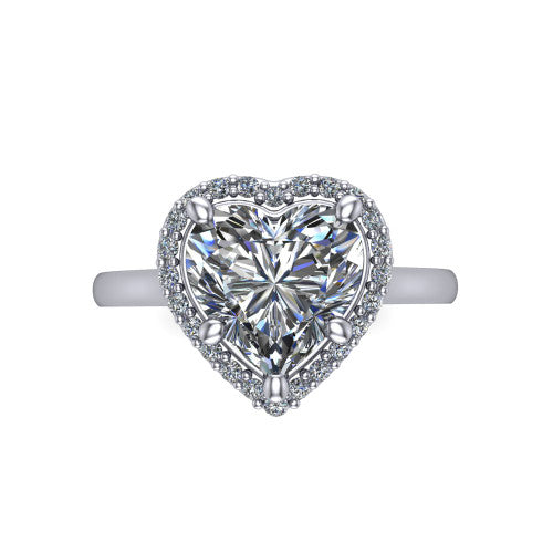 Dream heart halo engagement ring in Platinum, top-down view showing the heart center diamond framed by a pave halo
