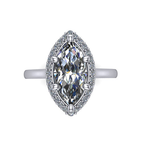 Andrea marquise halo engagement ring in Platinum, top-down view showing the marquise center diamond and pave halo from above