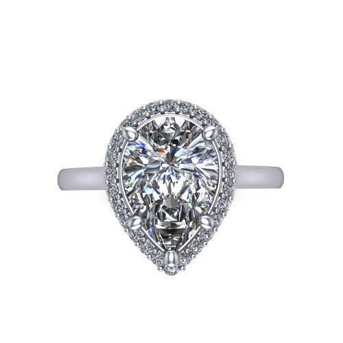Dream pear halo engagement ring in 18K White Gold, top-down view showing the pear center diamond framed by a pave halo