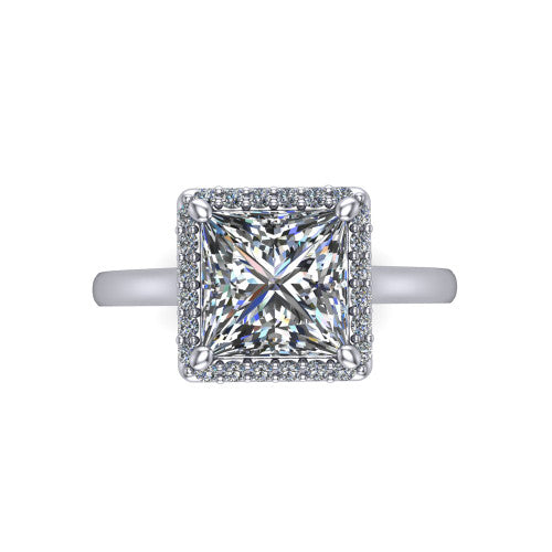 Dream princess halo engagement ring in Platinum, top-down view showing the princess center diamond framed by a pave halo