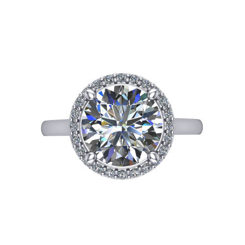 Andrea round halo engagement ring in Platinum, top-down view showing the round center diamond and pave halo from above