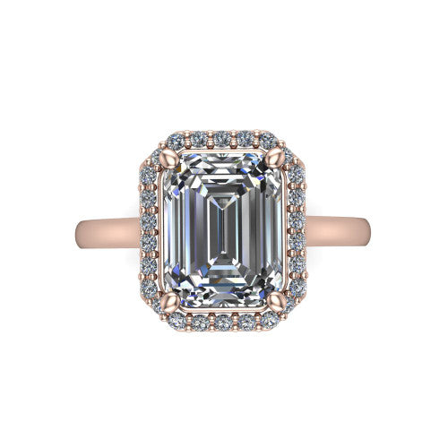 Dream emerald halo engagement ring in 18K Rose Gold, top-down view showing the emerald center diamond framed by a pave halo