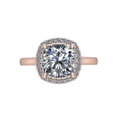 Dream cushion halo engagement ring in 14K Rose Gold, top-down view showing the cushion center diamond framed by a pave halo