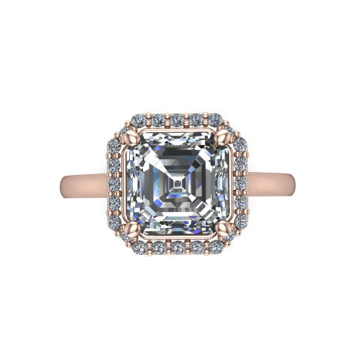 Dream square emerald halo engagement ring in 18K Rose Gold, top-down view showing the square emerald center diamond framed by a pave halo