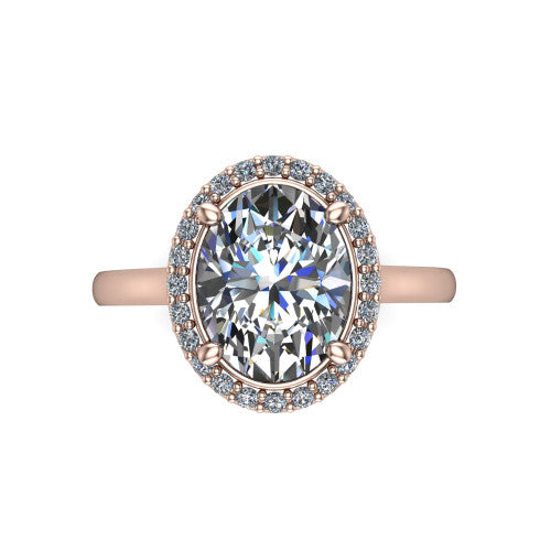 Andrea oval halo engagement ring in 14K Rose Gold, top-down view showing the oval center diamond and pave halo from above