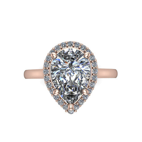 Dream pear halo engagement ring in 14K Rose Gold, top-down view showing the pear center diamond framed by a pave halo