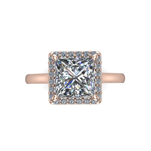 Andrea princess-cut halo engagement ring in 14K Rose Gold, top-down view showing the princess-cut center diamond and pave halo from above