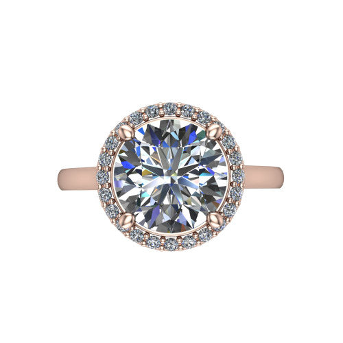 Dream round halo engagement ring in 18K Rose Gold, top-down view showing the round center diamond framed by a pave halo