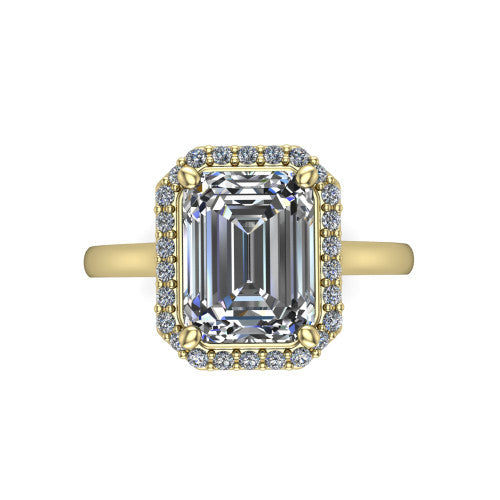 Dream emerald halo engagement ring in 14K Yellow Gold, top-down view showing the emerald center diamond framed by a pave halo