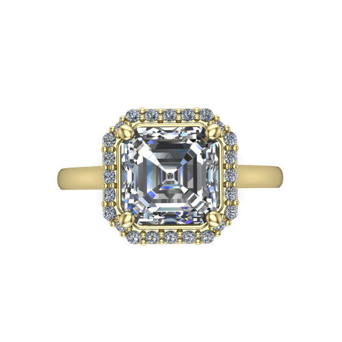 Dream square emerald halo engagement ring in 18K Yellow Gold, top-down view showing the square emerald center diamond framed by a pave halo