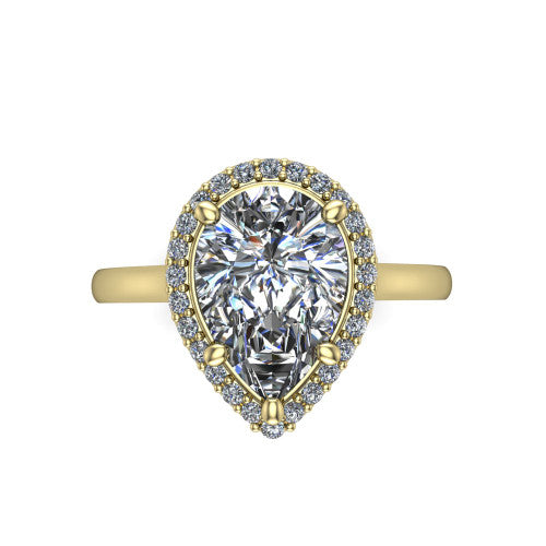 Dream pear halo engagement ring in 18K Yellow Gold, top-down view showing the pear center diamond framed by a pave halo