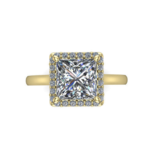 Andrea princess-cut halo engagement ring in 14K Yellow Gold, top-down view showing the princess-cut center diamond and pave halo from above