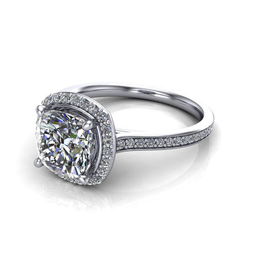 Delaney cushion halo engagement ring in 14K White Gold, three-quarter perspective showing the cushion center diamond in a pave halo above a pave band