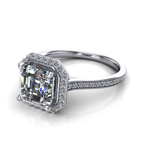 Delaney square emerald halo engagement ring in 18K White Gold, three-quarter perspective showing the square emerald center diamond in a pave halo above a pave band