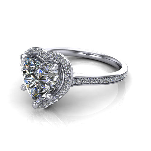 Delaney heart halo engagement ring in 18K White Gold, three-quarter perspective showing the heart center diamond in a pave halo above a pave band