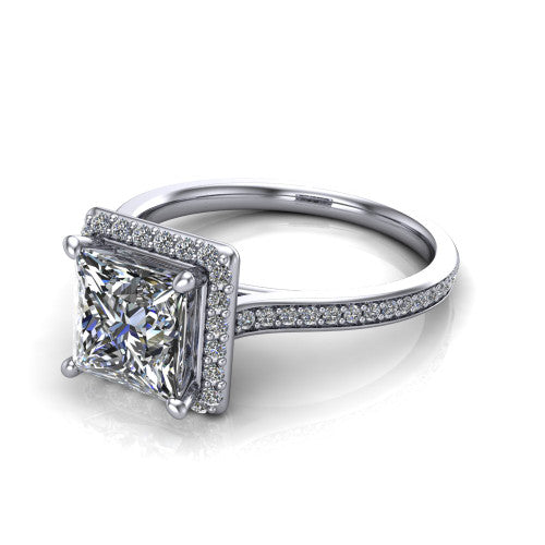 Delaney princess halo engagement ring in 14K White Gold, three-quarter perspective showing the princess center diamond in a pave halo above a pave band