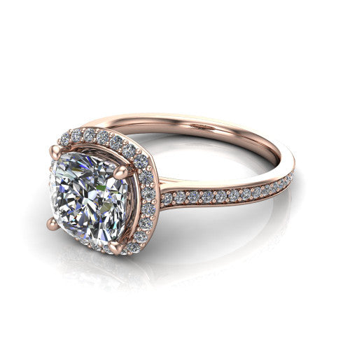 Delaney cushion halo engagement ring in 14K Rose Gold, three-quarter perspective showing the cushion center diamond in a pave halo above a pave band