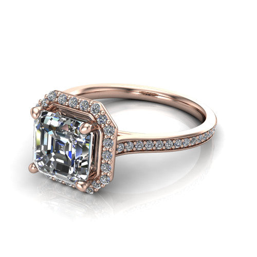 Delaney square emerald halo engagement ring in 18K Rose Gold, three-quarter perspective showing the square emerald center diamond in a pave halo above a pave band