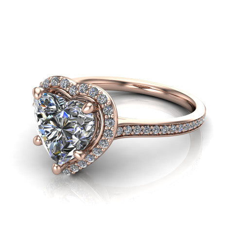 Delaney heart halo engagement ring in 18K Rose Gold, three-quarter perspective showing the heart center diamond in a pave halo above a pave band