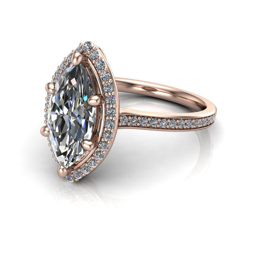 Delaney marquise halo engagement ring in 18K Rose Gold, three-quarter perspective showing the marquise center diamond in a pave halo above a pave band
