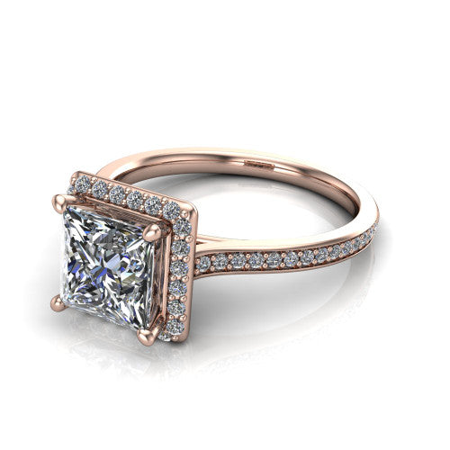 Delaney princess halo engagement ring in 14K Rose Gold, three-quarter perspective showing the princess center diamond in a pave halo above a pave band