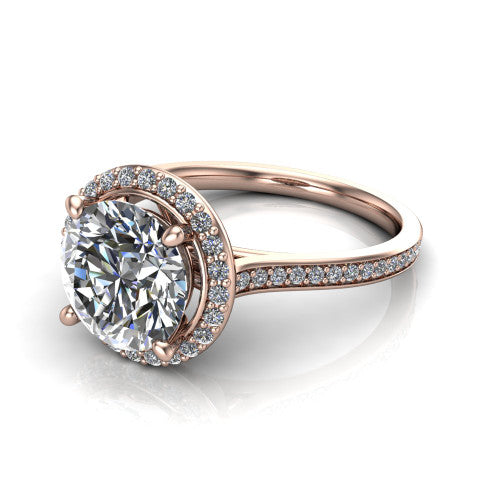 Delaney round halo engagement ring in 14K Rose Gold, three-quarter perspective showing the round center diamond in a pave halo above a pave band