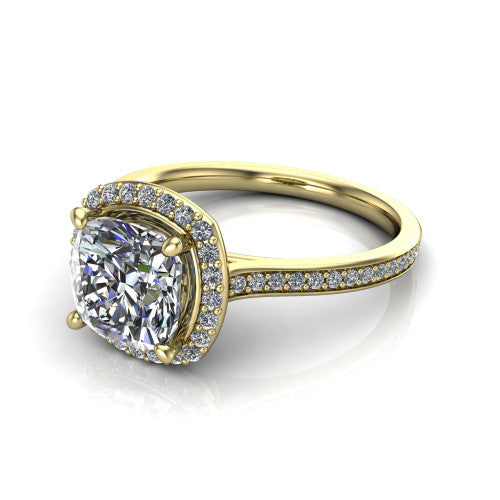 Delaney cushion halo engagement ring in 18K Yellow Gold, three-quarter perspective showing the cushion center diamond in a pave halo above a pave band