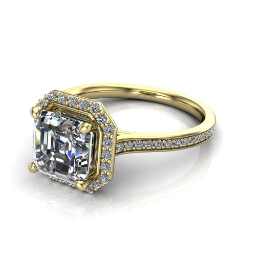 Delaney square emerald halo engagement ring in 18K Yellow Gold, three-quarter perspective showing the square emerald center diamond in a pave halo above a pave band