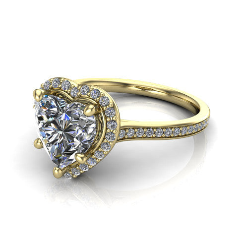 Delaney heart halo engagement ring in 14K Yellow Gold, three-quarter perspective showing the heart center diamond in a pave halo above a pave band