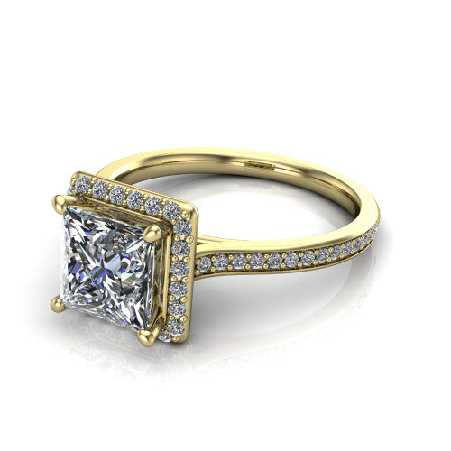 Delaney princess halo engagement ring in 14K Yellow Gold, three-quarter perspective showing the princess center diamond in a pave halo above a pave band