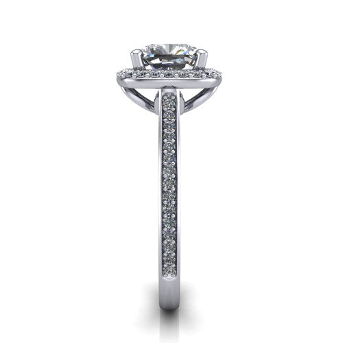 Delaney cushion halo engagement ring in 18K White Gold, side profile showing the leaf basket and pave band