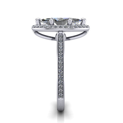 Delaney marquise halo engagement ring in 14K White Gold, side profile showing the leaf basket and pave band