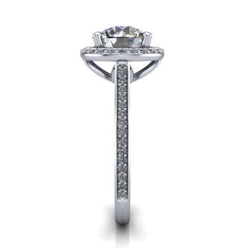 Delaney round halo engagement ring in Platinum, side profile showing the leaf basket and pave band