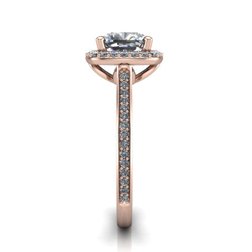 Delaney cushion halo engagement ring in 14K Rose Gold, side profile showing the leaf basket and pave band
