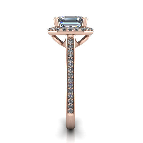 Delaney square emerald halo engagement ring in 18K Rose Gold, side profile showing the leaf basket and pave band