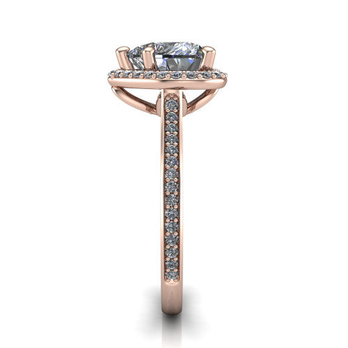 Delaney heart halo engagement ring in 18K Rose Gold, side profile showing the leaf basket and pave band
