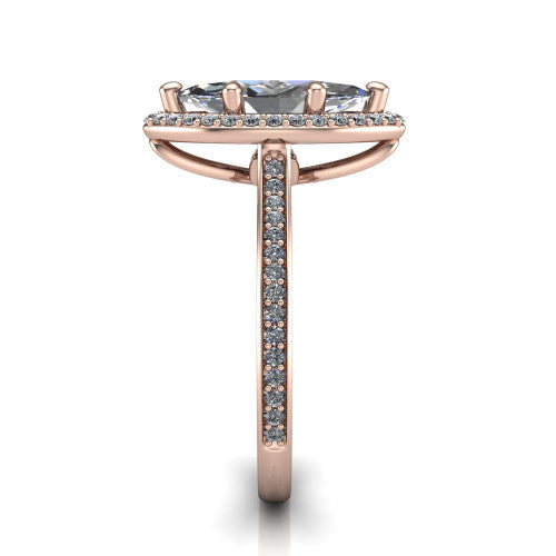 Delaney marquise halo engagement ring in 18K Rose Gold, side profile showing the leaf basket and pave band