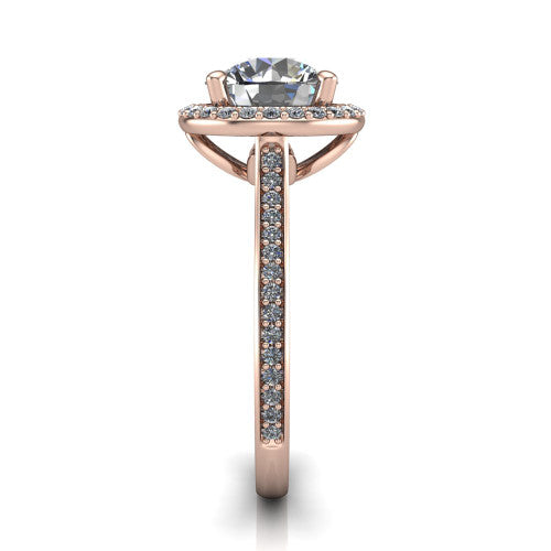 Delaney round halo engagement ring in 14K Rose Gold, side profile showing the leaf basket and pave band